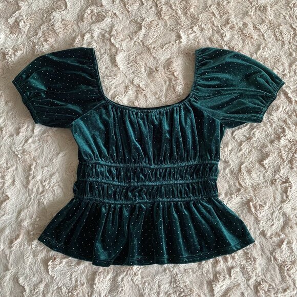 Francesca's Womens Small Green Velvet Puff Sleeve Cropped Peplum Holiday Sparkle - Picture 4 of 9